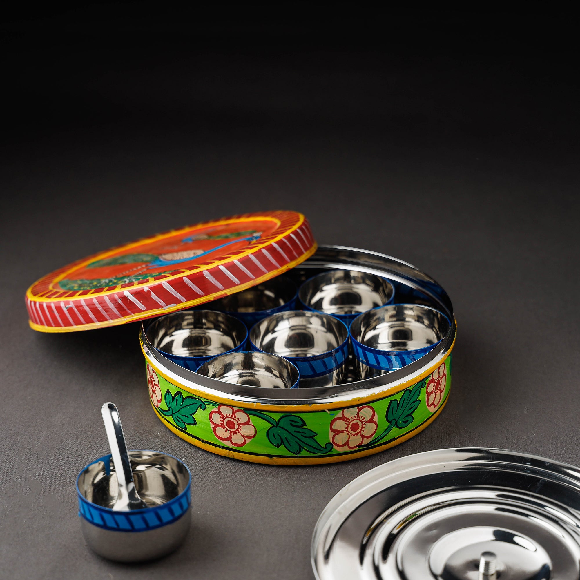  Multicolor Kavad Handpainted Stainless Steel Masala Box