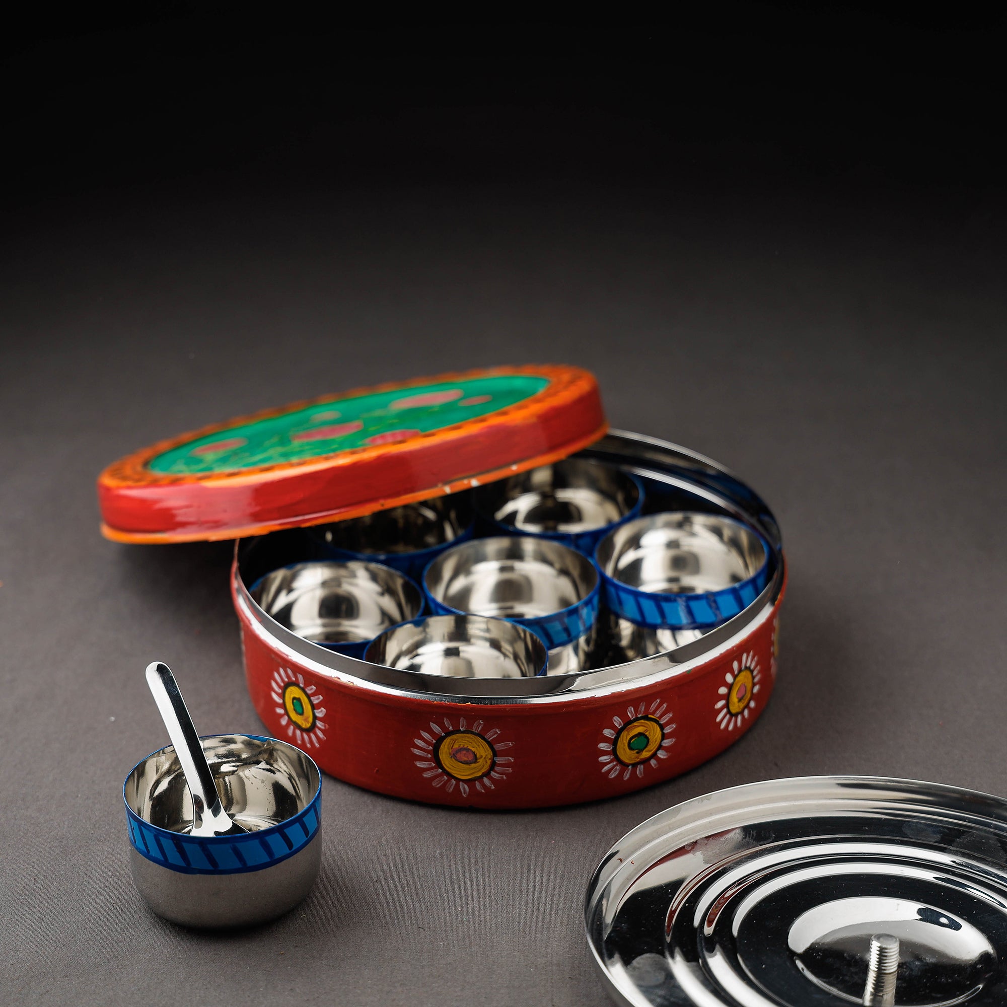  Kavad Handpainted Stainless Steel Red Masala Box 