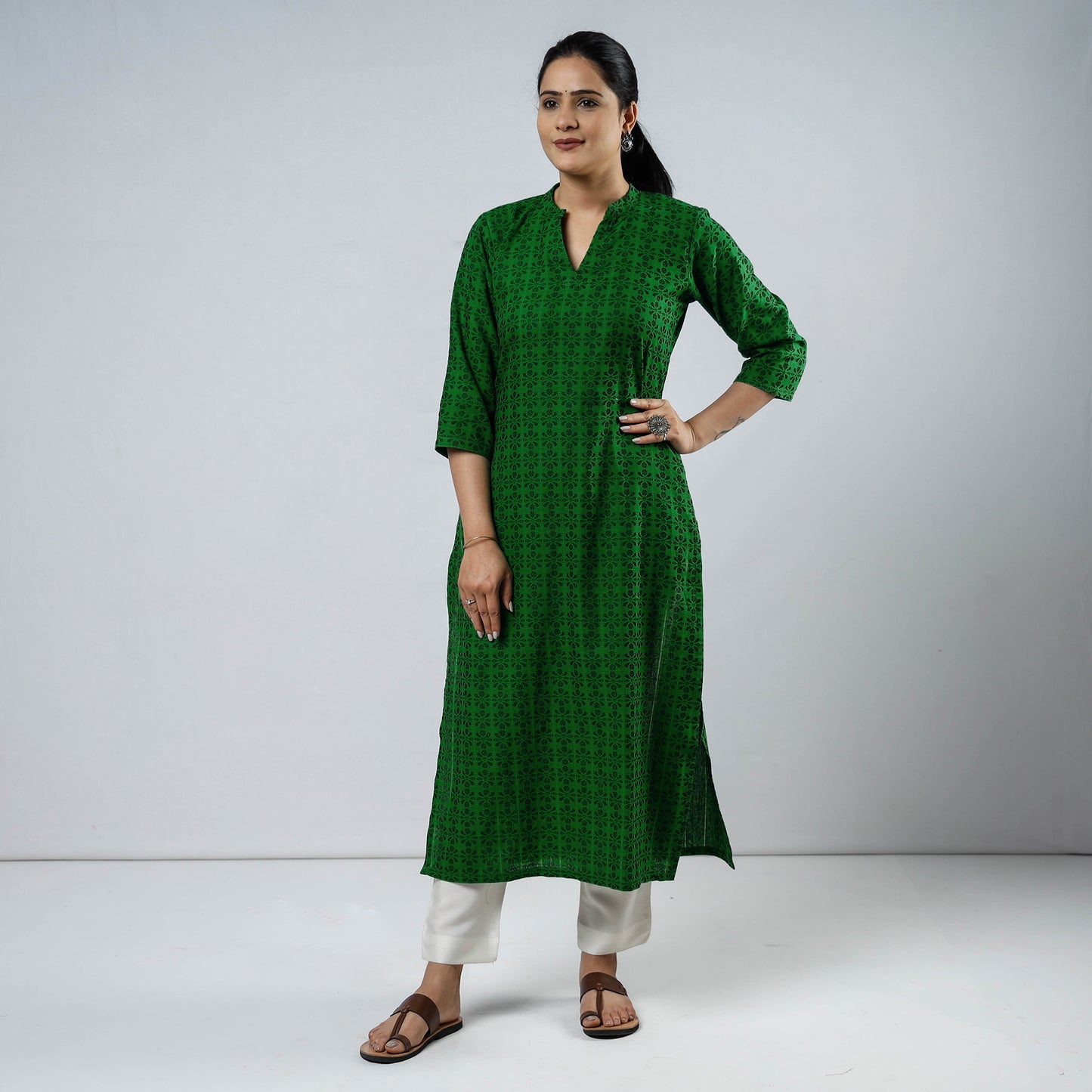 Forest Green Jacquard Cotton Long Kurta