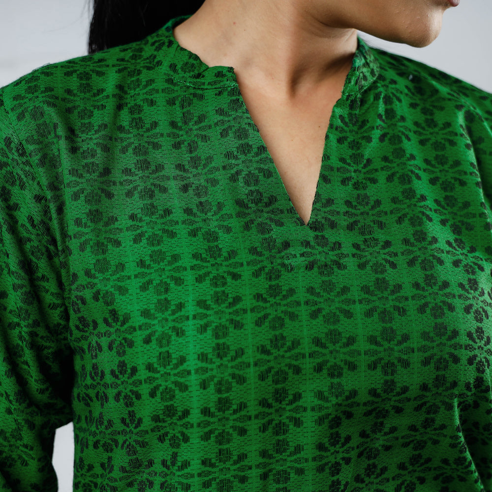 Forest Green Jacquard Cotton Long Kurta