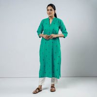 Turquoise Green Jacquard Cotton Long Kurta