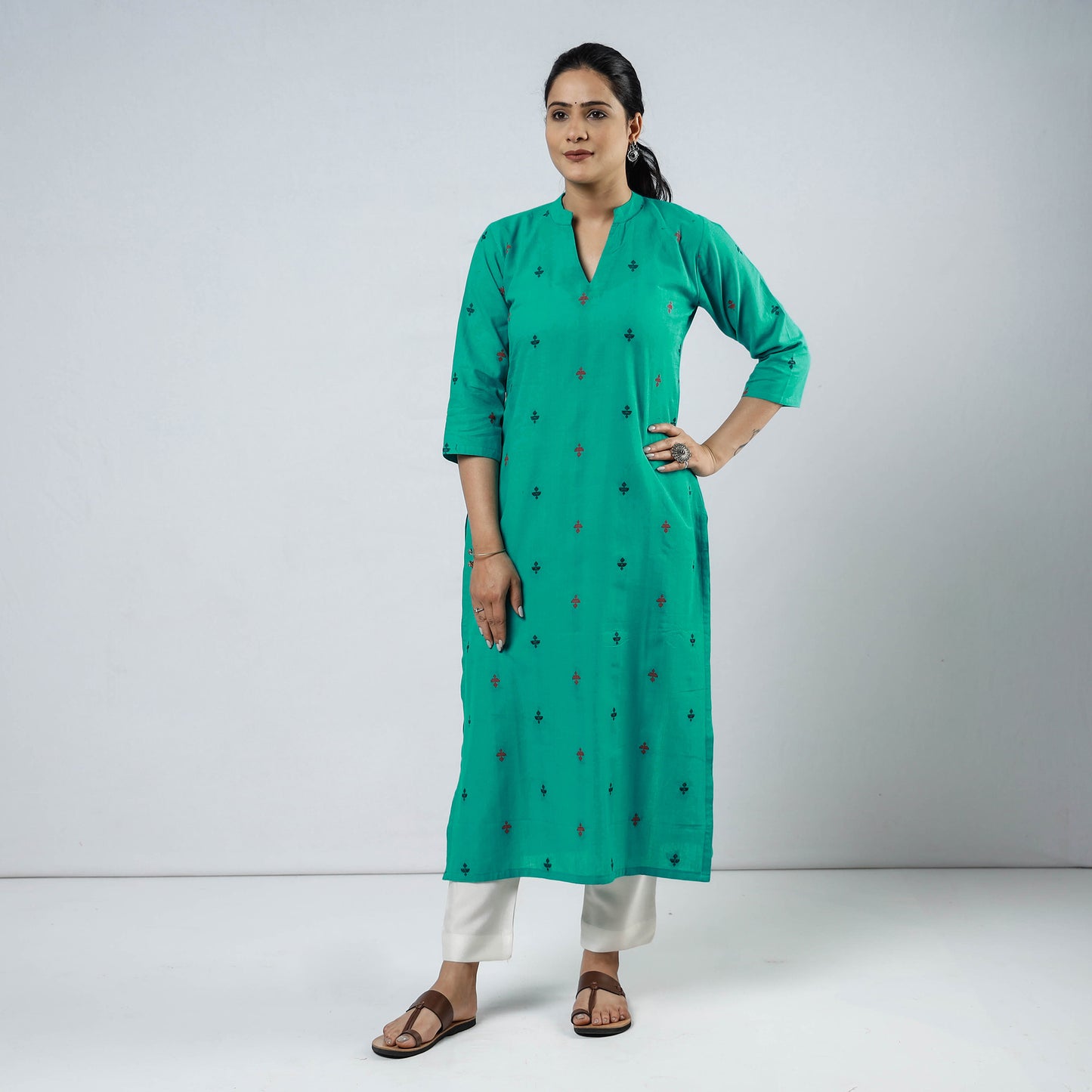 Turquoise Green Jacquard Cotton Long Kurta