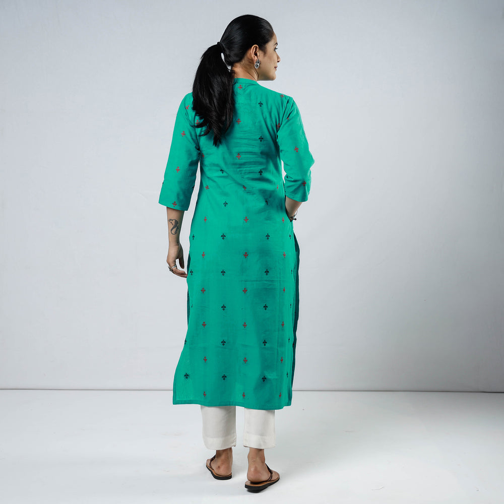 Turquoise Green Jacquard Cotton Long Kurta