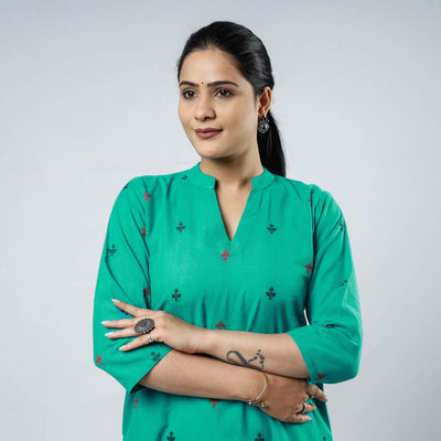 Turquoise Green Jacquard Cotton Long Kurta