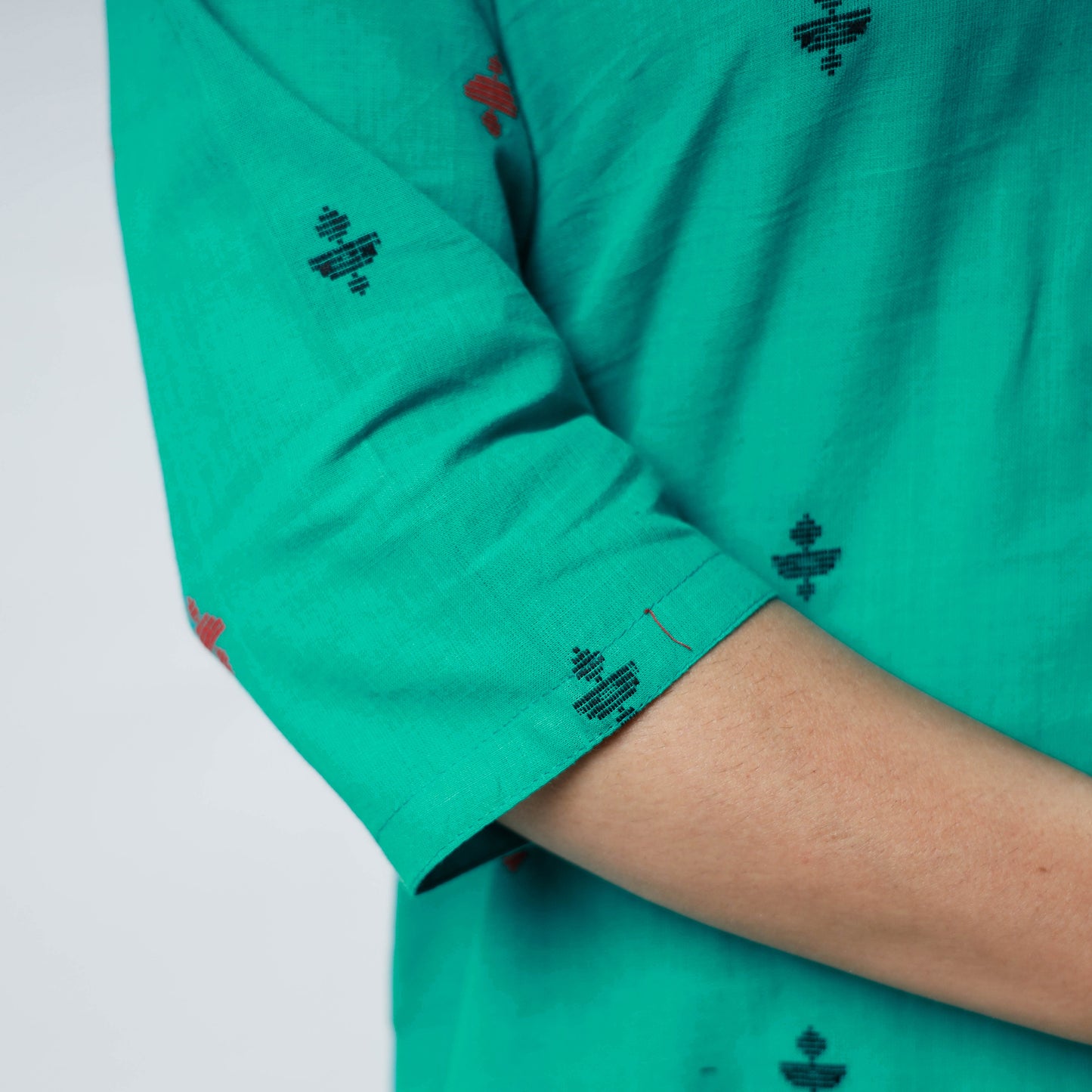 Turquoise Green Jacquard Cotton Long Kurta