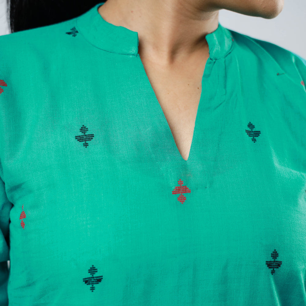 Turquoise Green Jacquard Cotton Long Kurta