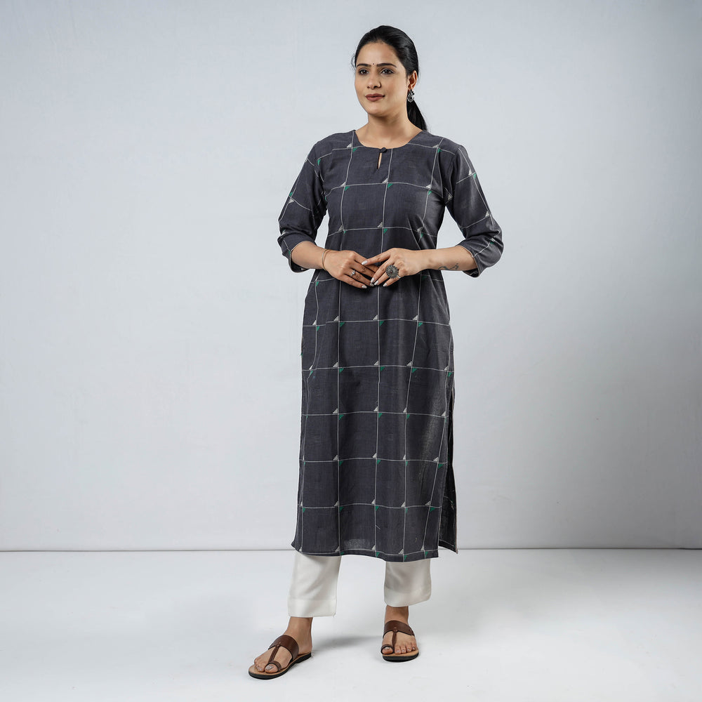 Grey - Jacquard Cotton Straight Kurta 04