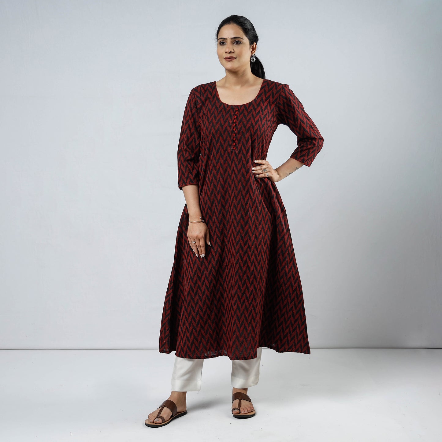 Red & Black - Jacquard Cotton A-Line Long Kurta