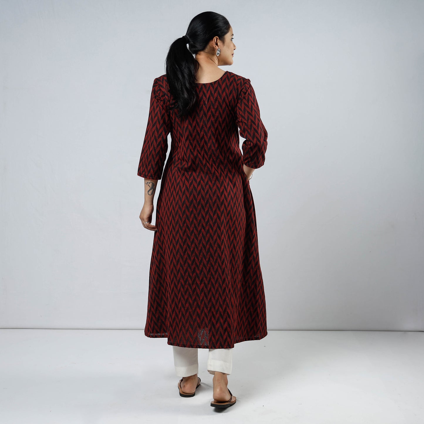 Red & Black - Jacquard Cotton A-Line Long Kurta