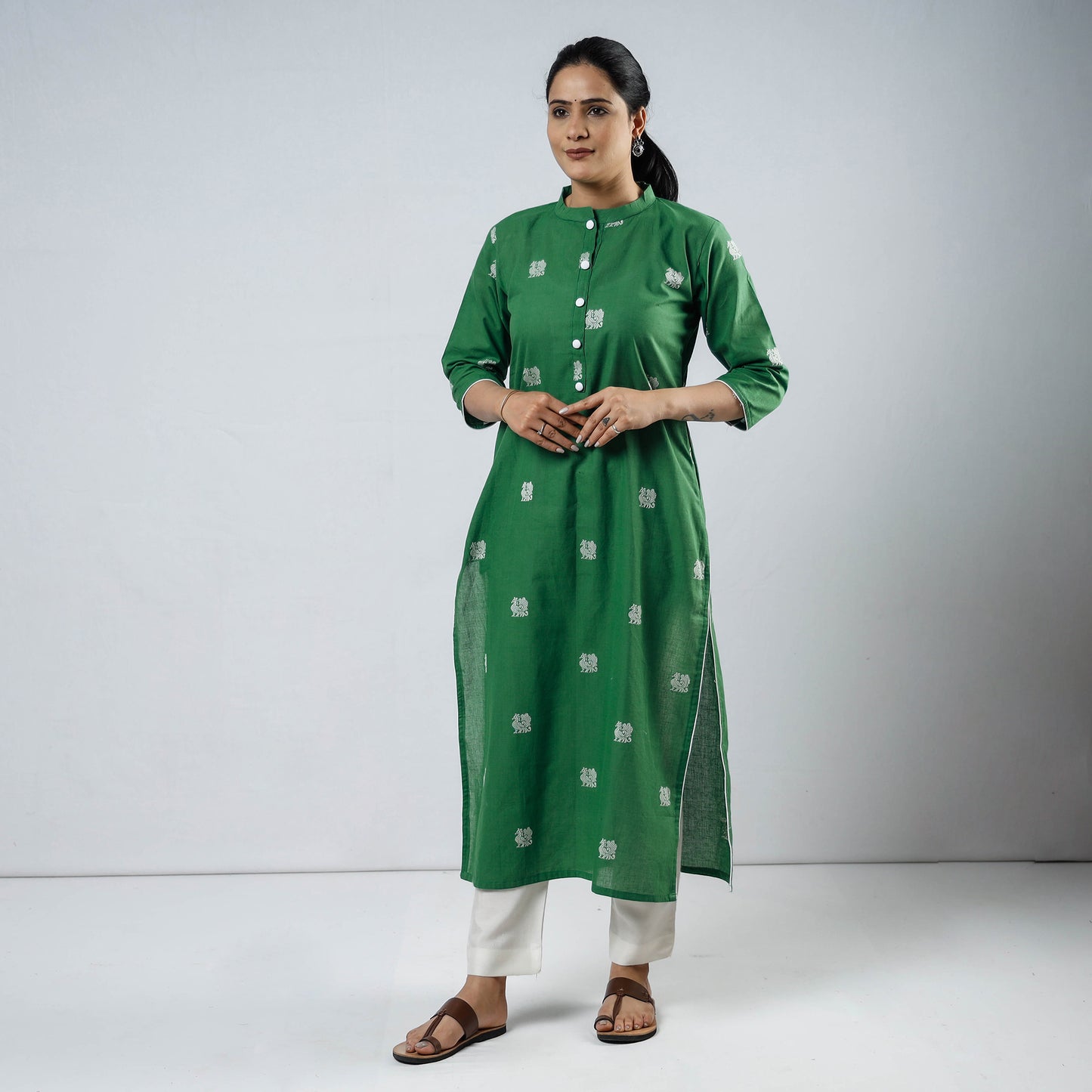 Green Jacquard Cotton Long Kurta