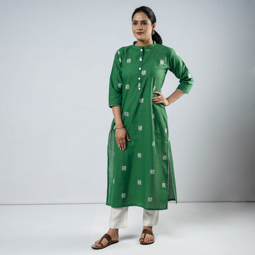 Green Jacquard Cotton Long Kurta