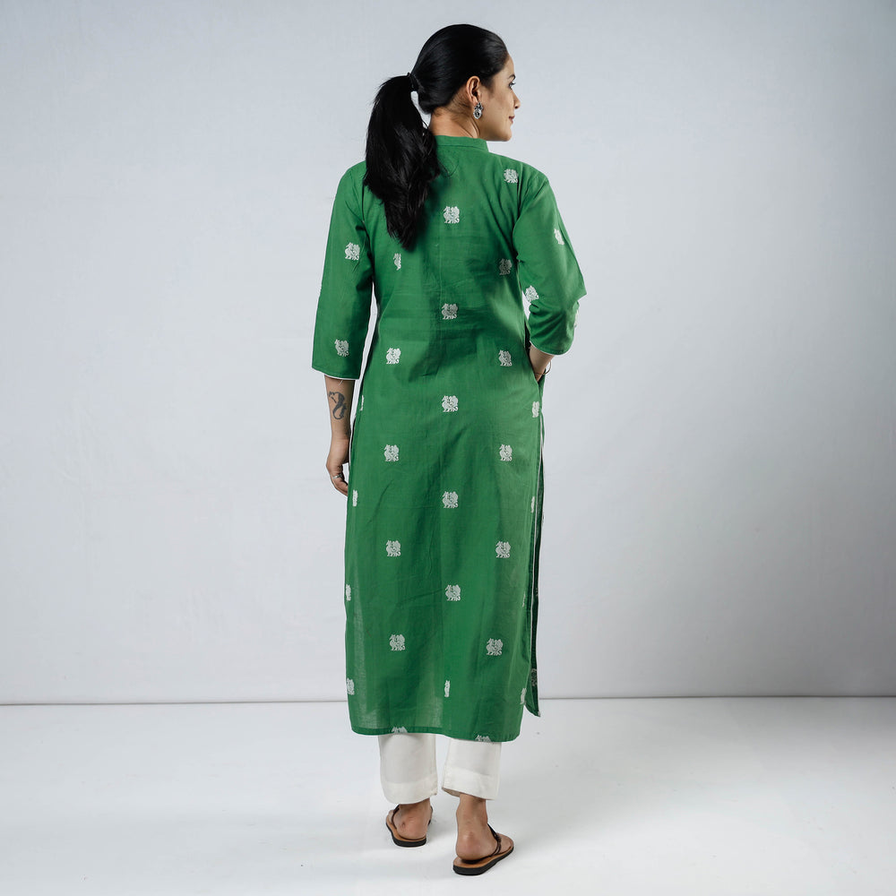 Green Jacquard Cotton Long Kurta