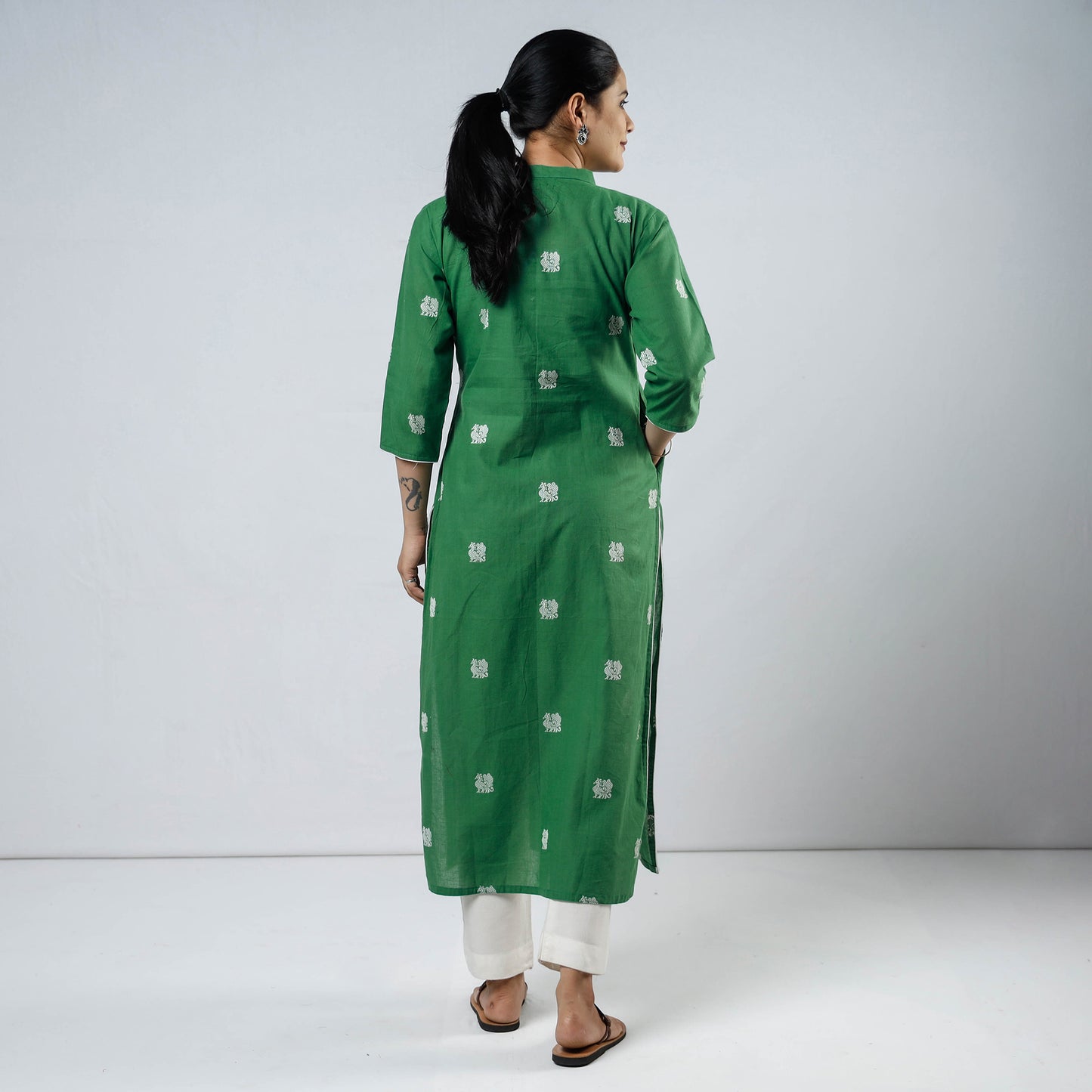 Green Jacquard Cotton Long Kurta