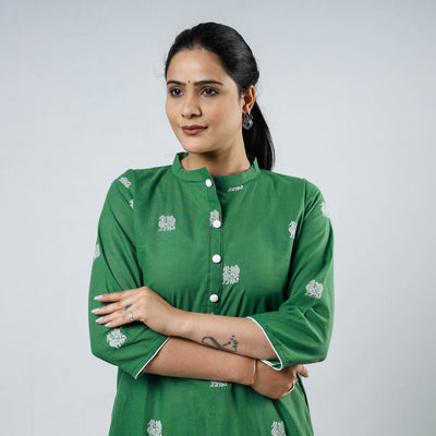 Green Jacquard Cotton Long Kurta