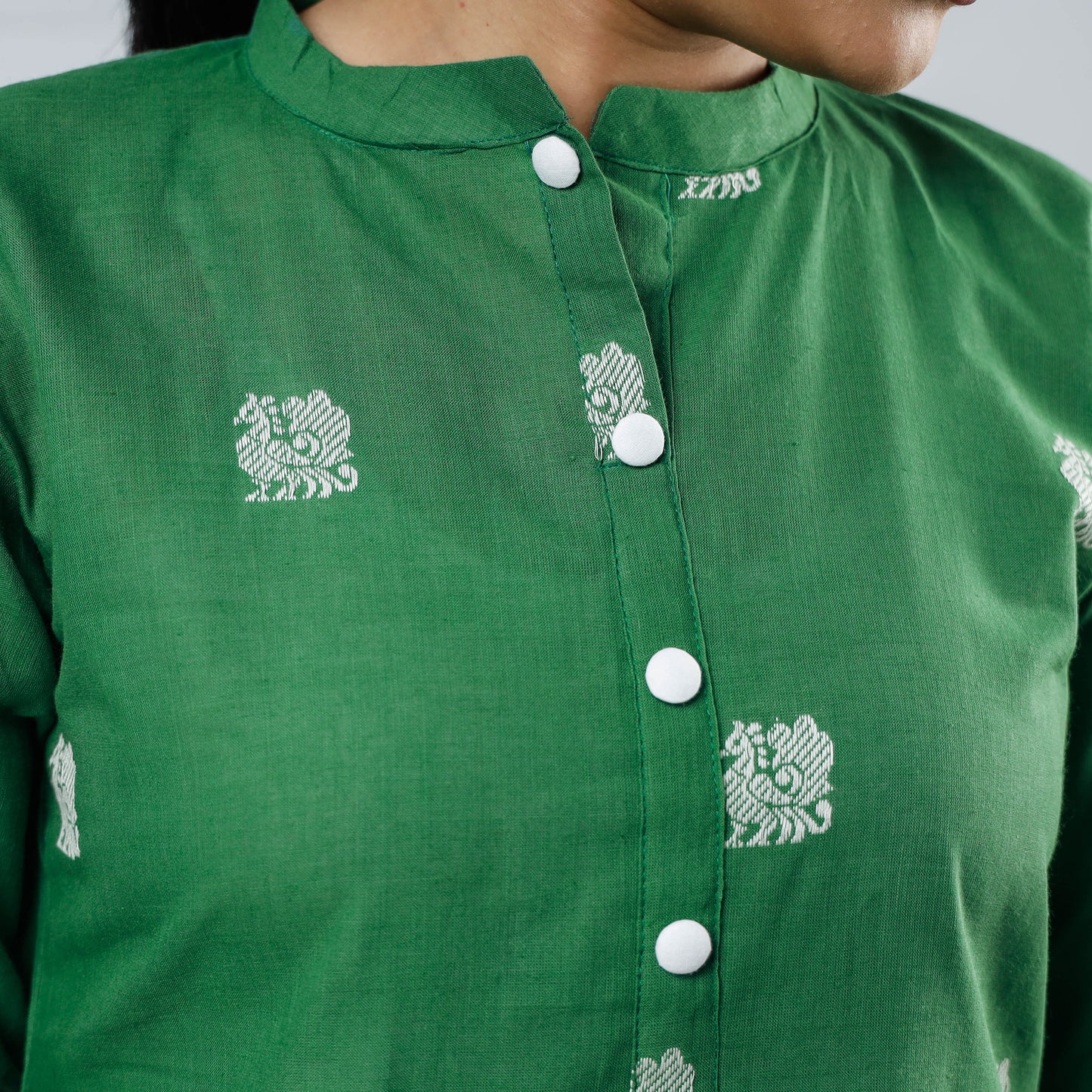 Green Jacquard Cotton Long Kurta