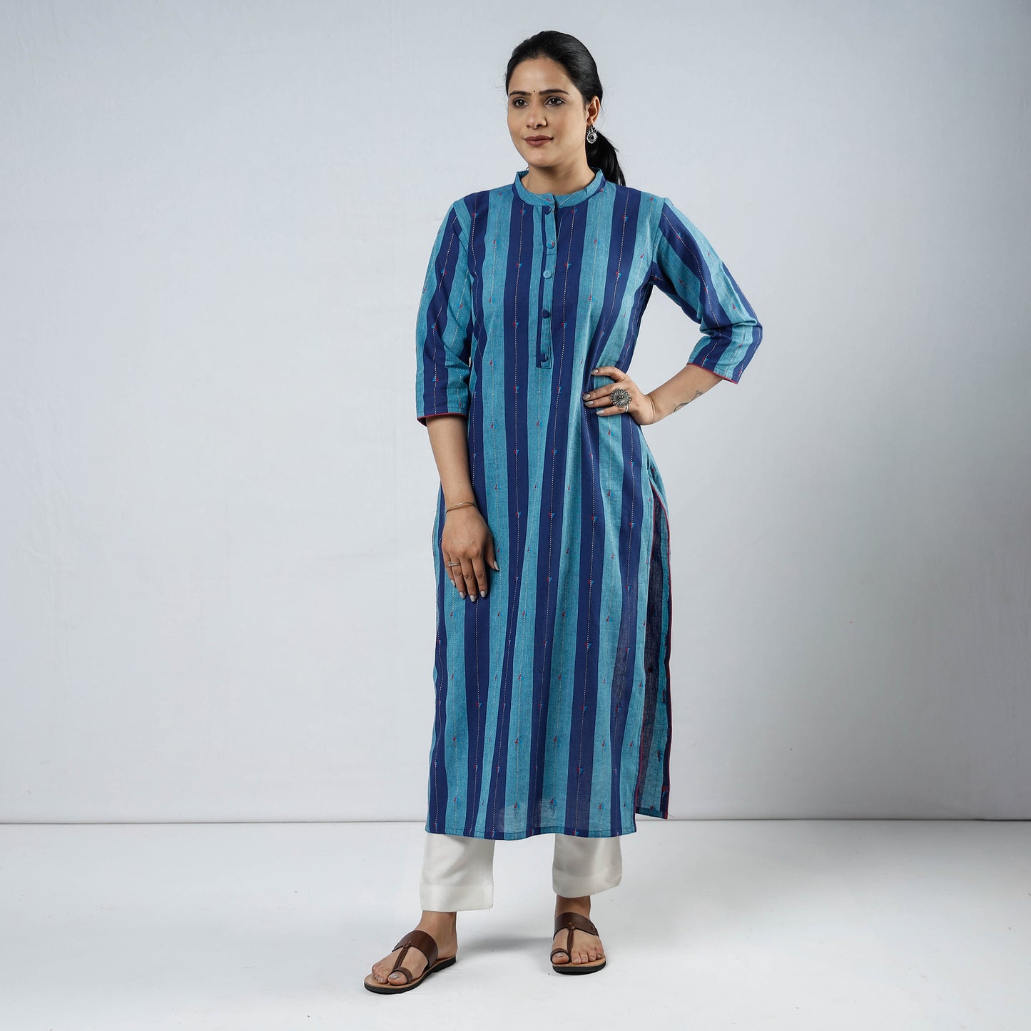 Blue Jacquard Cotton Long Kurta