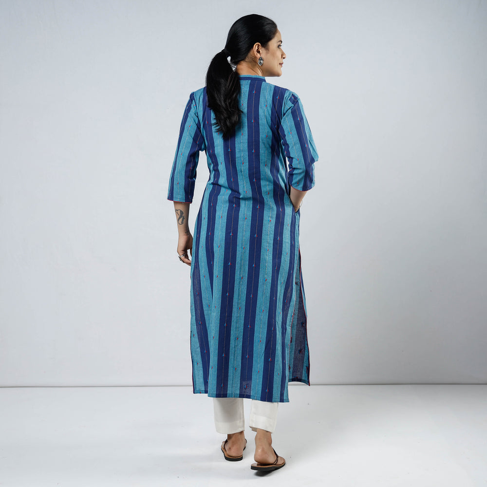 Blue Jacquard Cotton Long Kurta