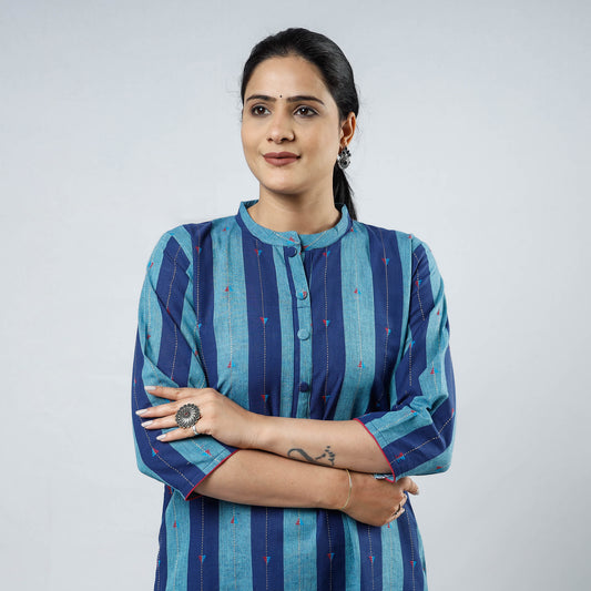 Blue Jacquard Cotton Long Kurta