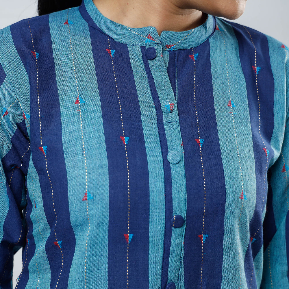 Blue Jacquard Cotton Long Kurta