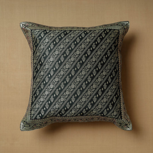 Black - Traditional Pure Banarasi Handwoven Silk Zari Cushion Cover (16 x 16 in)