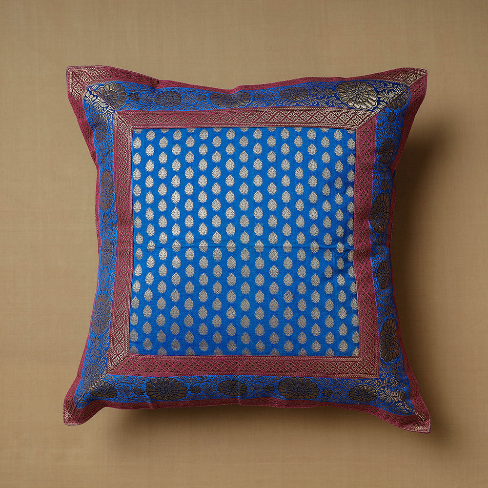 Blue - Traditional Pure Banarasi Handwoven Silk Zari Cushion Cover (16 x 16 in)