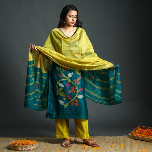 Pine Green & Yellow Phulia Jamdani Handloom Silk Cotton Kurta with Palazzo & Dupatta Set