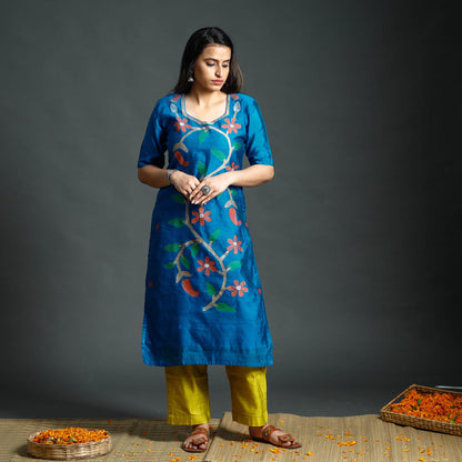 Peacock Blue & Yellow Phulia Jamdani Handloom Silk Cotton Kurta with Palazzo & Dupatta Set