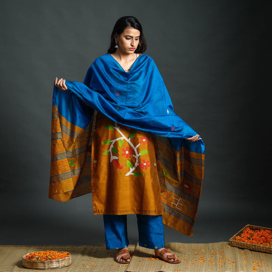 Mustard & Blue - Phulia Jamdani Handloom Silk Cotton Kurta with Palazzo & Dupatta Set