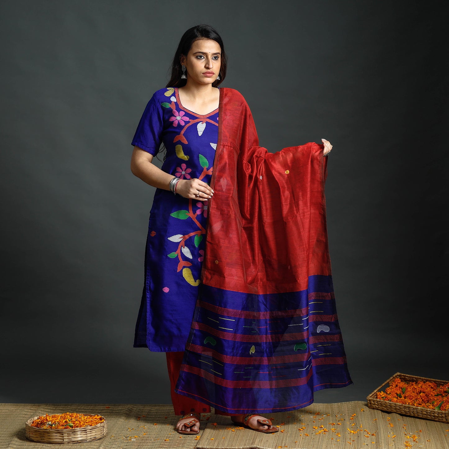 Blue & Red Phulia Jamdani Handloom Silk Cotton Kurta with Palazzo & Dupatta Set