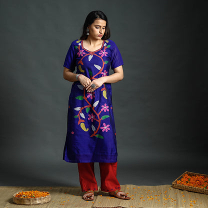 Blue & Red Phulia Jamdani Handloom Silk Cotton Kurta with Palazzo & Dupatta Set
