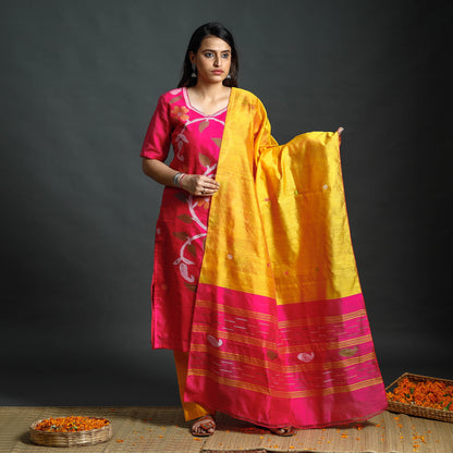 Pink & Yellow Phulia Jamdani Handloom Silk Cotton Kurta with Palazzo & Dupatta Set