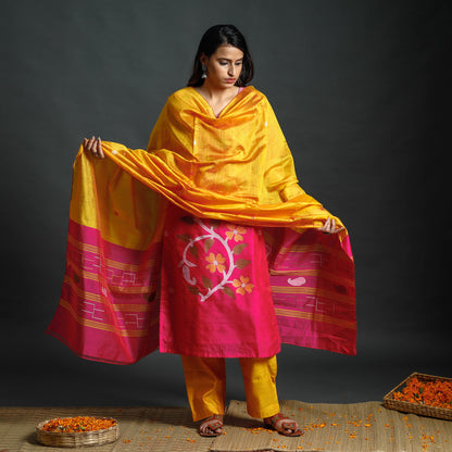 Pink & Yellow Phulia Jamdani Handloom Silk Cotton Kurta with Palazzo & Dupatta Set