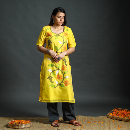 Light Yellow & Grey - Phulia Jamdani Handloom Silk Cotton Kurta with Palazzo & Dupatta Set