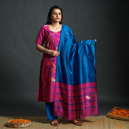 Dark Pink & Blue Phulia Jamdani Handloom Silk Cotton Kurta with Palazzo & Dupatta Set