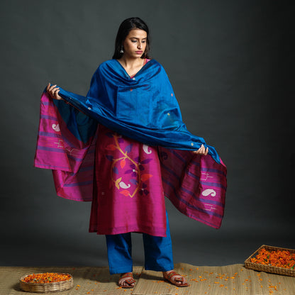 Dark Pink & Blue Phulia Jamdani Handloom Silk Cotton Kurta with Palazzo & Dupatta Set