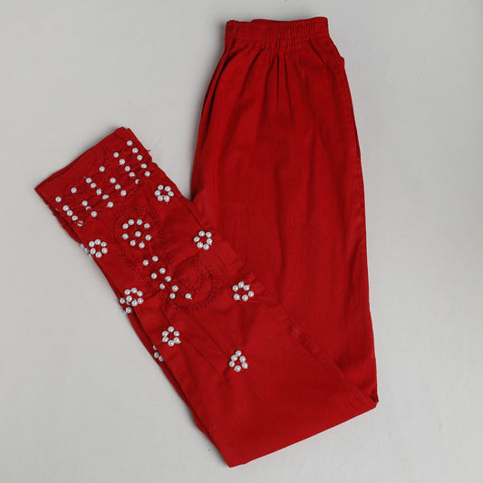 Red - Lucknow Chikankari Hand Embroidery Beadwork Cotton Pant (Free Size)