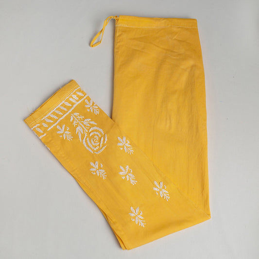 Yellow - Lucknow Chikankari Hand Embroidery Cotton Lycra Cropped Pant (Free Size)