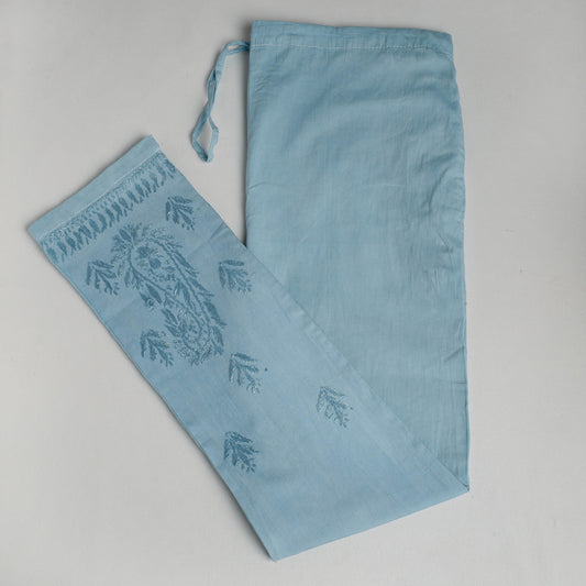 Blue - Lucknow Chikankari Hand Embroidery Cotton Lycra Cropped Pant (Free Size)
