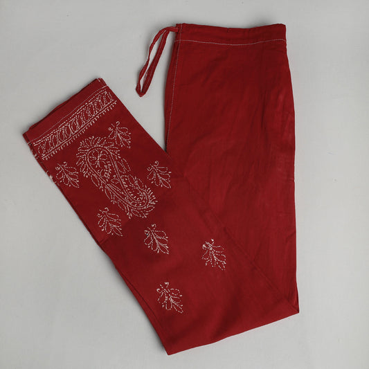 Red - Lucknow Chikankari Hand Embroidery Cotton Lycra Cropped Pant (Free Size)