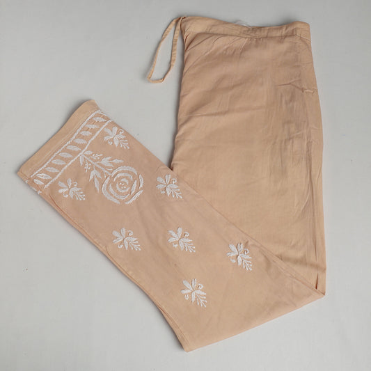 Beige - Lucknow Chikankari Hand Embroidery Cotton Lycra Cropped Pant (Free Size)