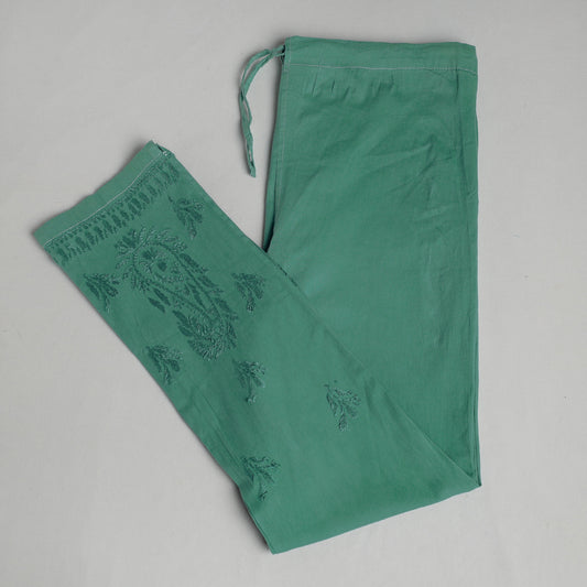 Green - Lucknow Chikankari Hand Embroidery Cotton Lycra Cropped Pant (Free Size)