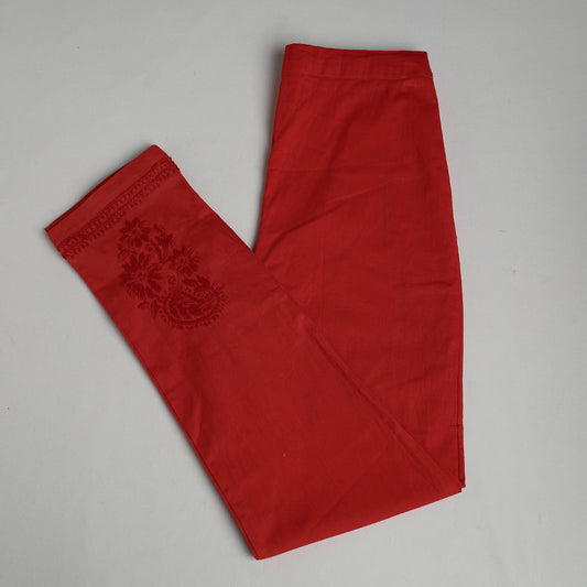 Red - Lucknow Chikankari Hand Embroidery Cotton Lycra Cropped Pant (Free Size)