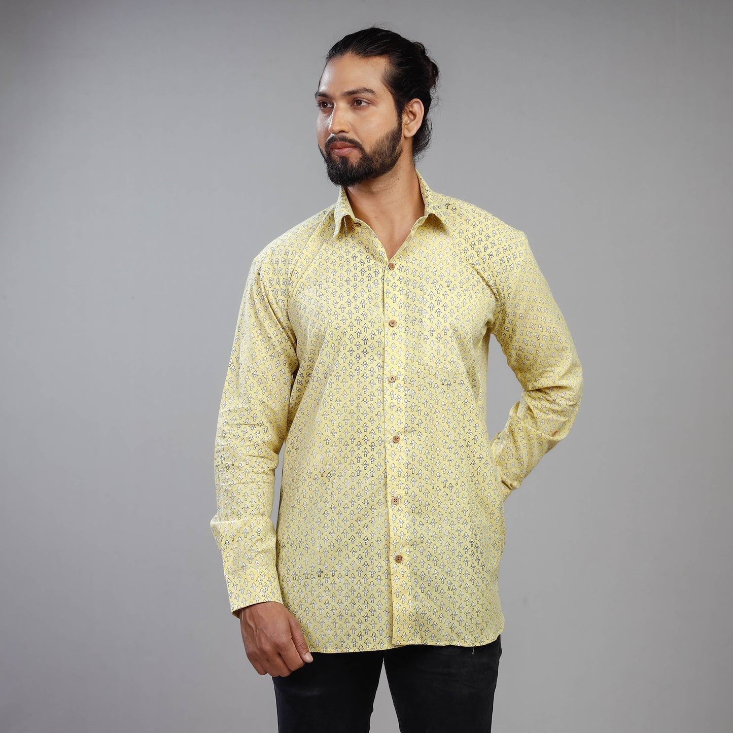 Light Yellow - Akola Block Printing Cotton Men Full Sleeve Shirt