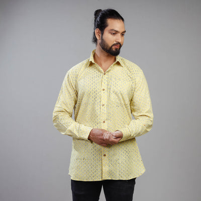 Light Yellow - Akola Block Printing Cotton Men Full Sleeve Shirt