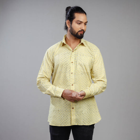 Light Yellow - Akola Block Printing Cotton Men Full Sleeve Shirt