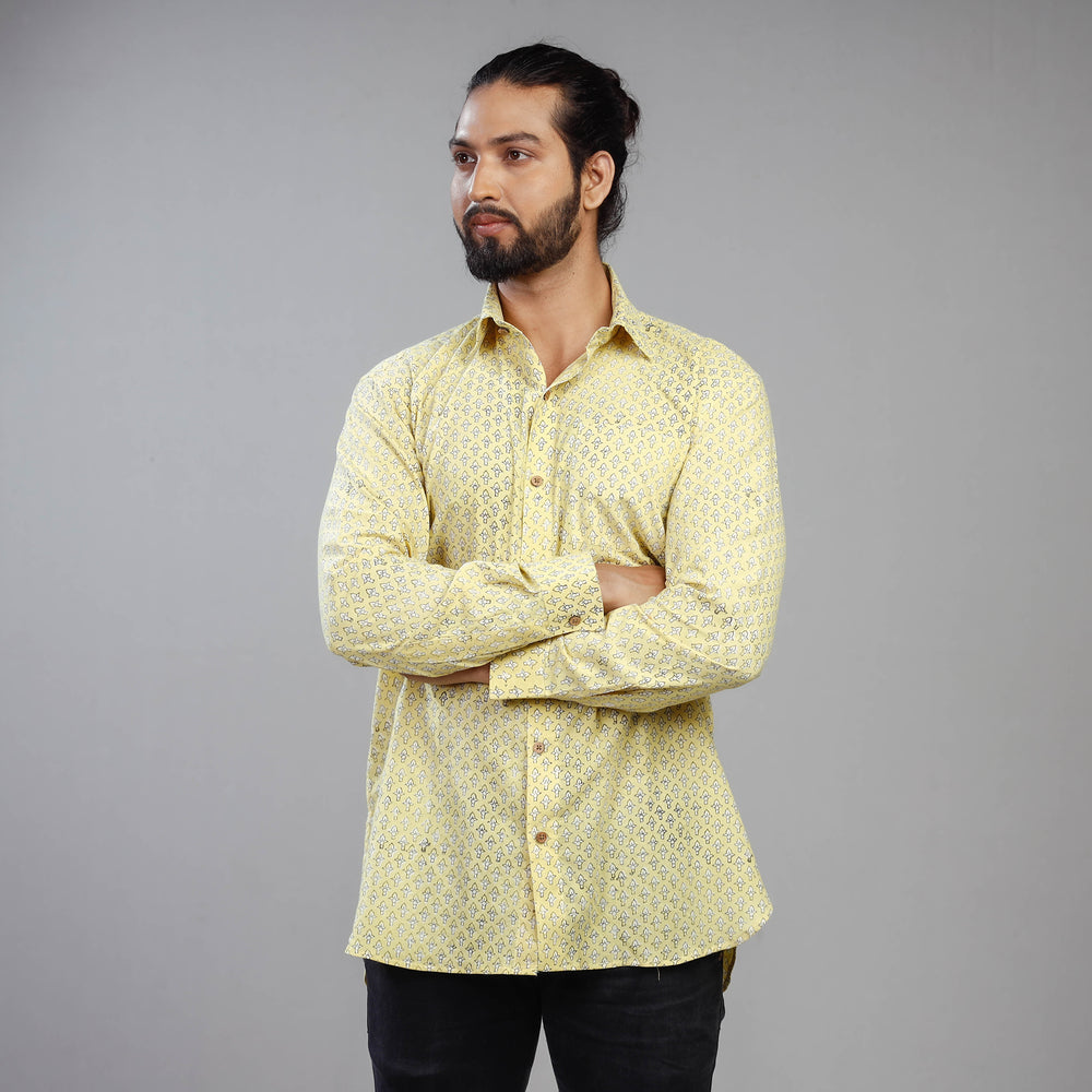 Light Yellow - Akola Block Printing Cotton Men Full Sleeve Shirt