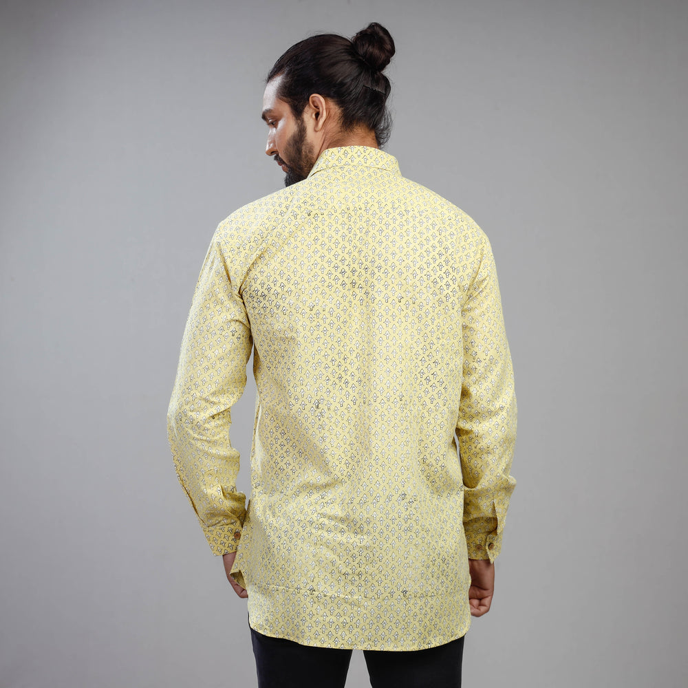 Light Yellow - Akola Block Printing Cotton Men Full Sleeve Shirt