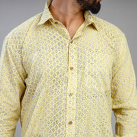 Light Yellow - Akola Block Printing Cotton Men Full Sleeve Shirt