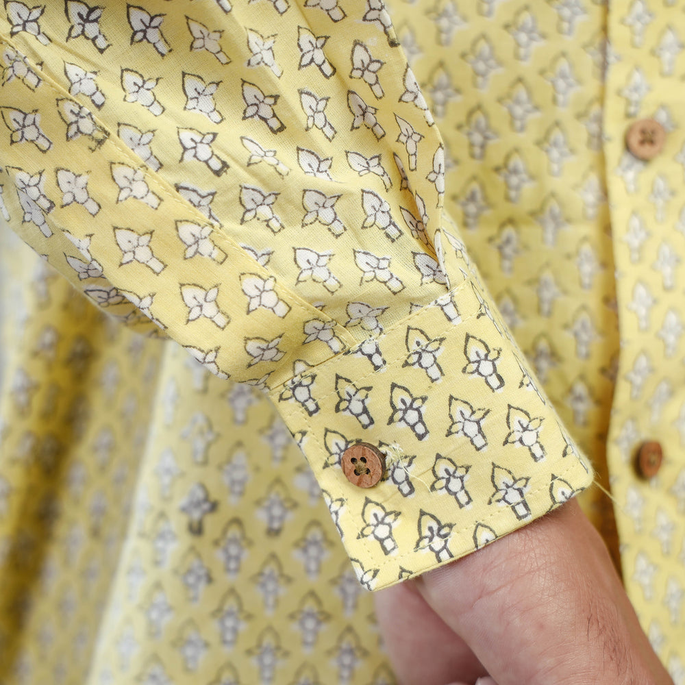 Light Yellow - Akola Block Printing Cotton Men Full Sleeve Shirt