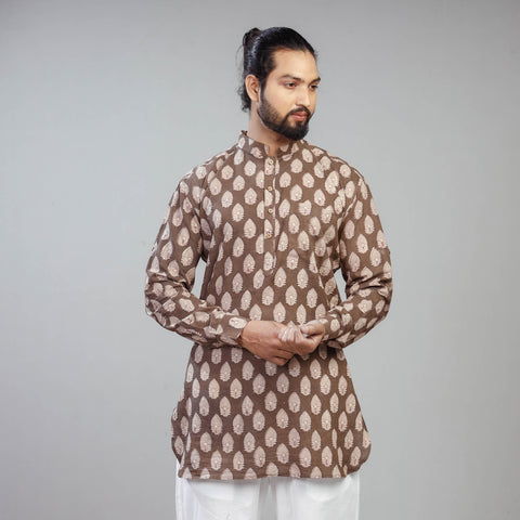 Brown - Akola Block Printed Cotton Men Short Kurta